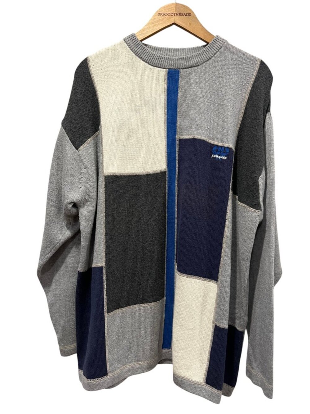 Pelle Pelle Vintage Marc Buchanan Colorblock Patchwork Sweater, Gray Blue, XL
